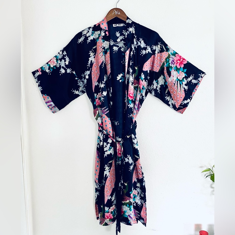 Sam Well Blue Floral Satin kimono Robe
